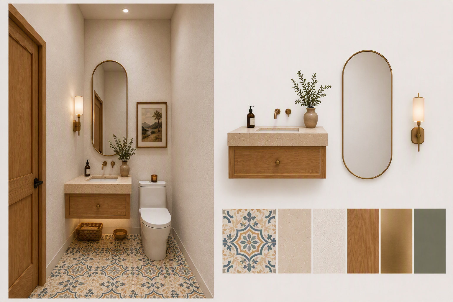 A high-quality, modern bathroom interior design featuring a warm and minimalist aesthetic — bathroom door ideas reference 2