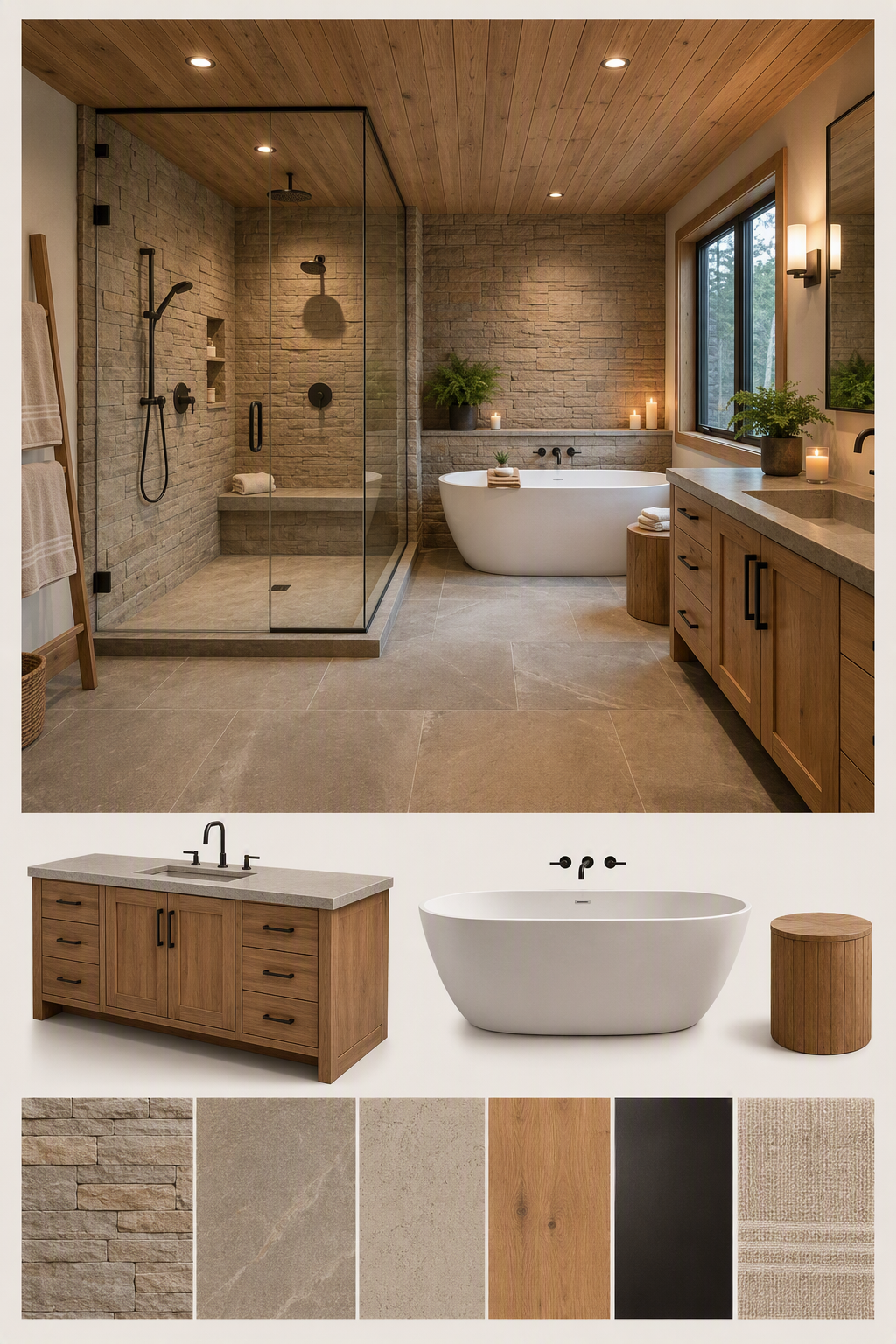 A modern luxury bathroom with a spacious layout featuring a glass-enclosed walk-in shower with a rainfall showerhead and handheld shower, a freestanding — farmhouse bathroom ideas reference 2