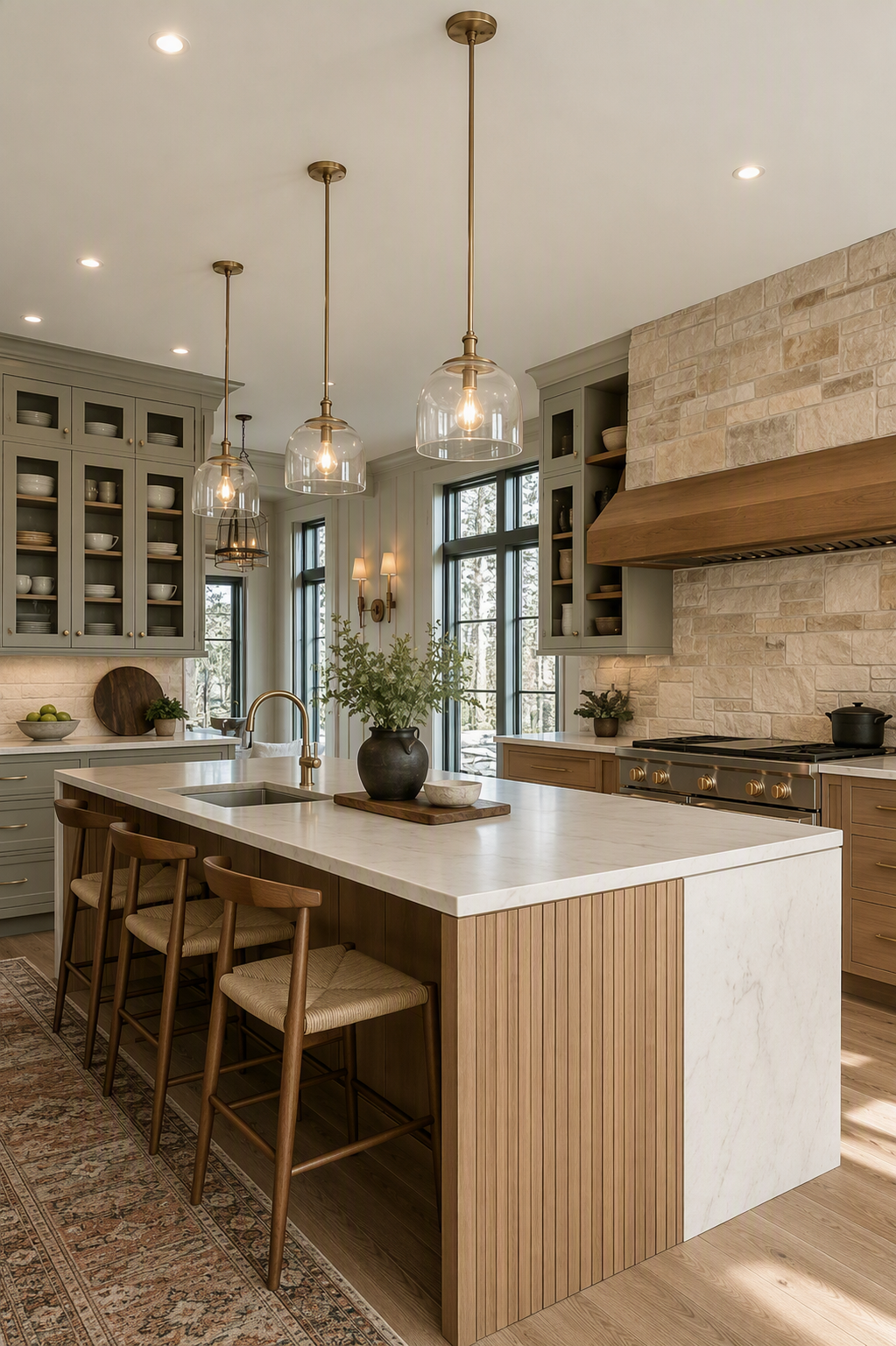 A high-quality, modern farmhouse kitchen featuring a large central island with a white marble countertop and warm wood paneling, surrounded by wooden bar — rustic kitchen ideas reference 3