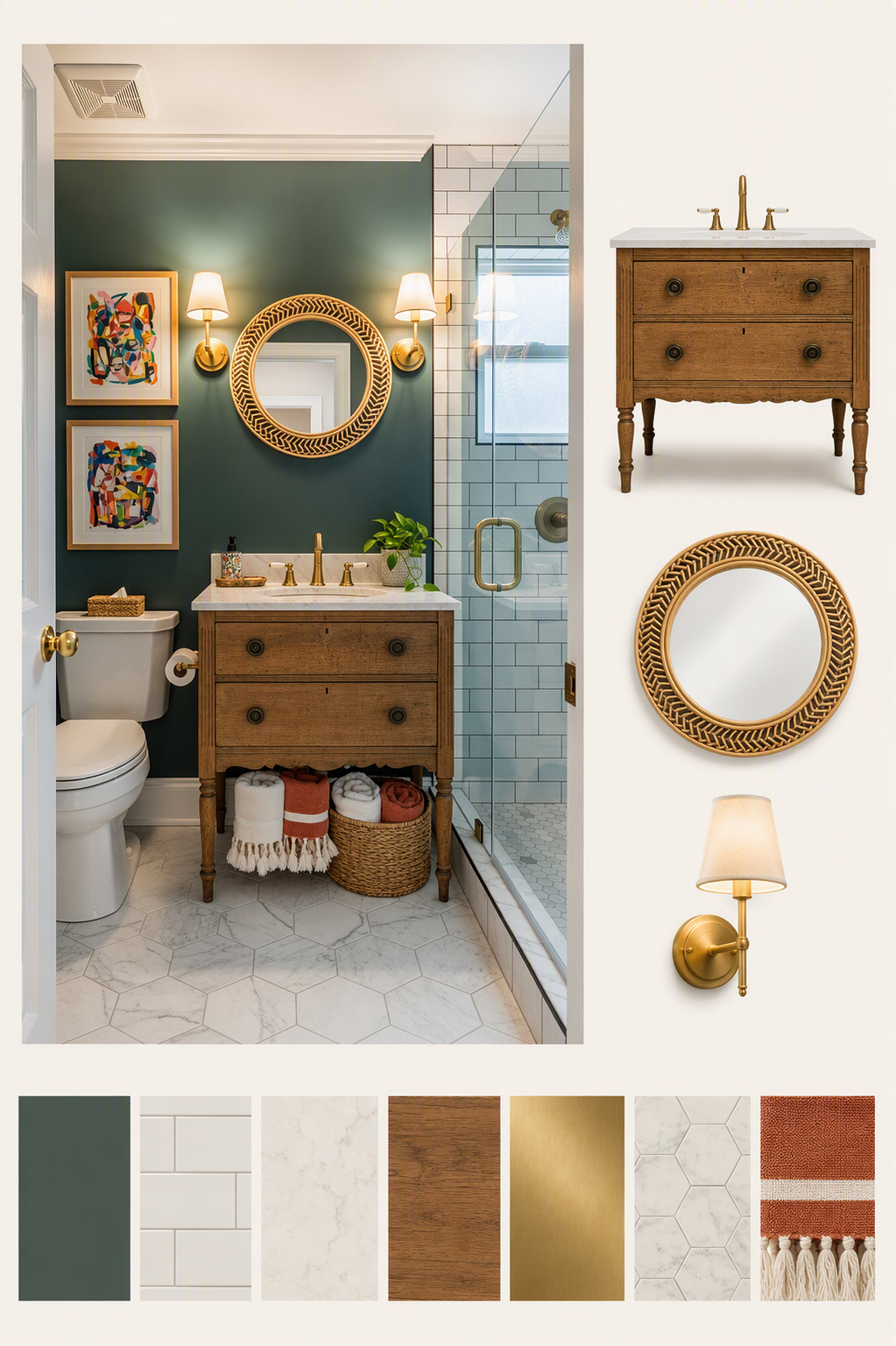 A high-quality, realistic interior design image of a modern rustic bathroom featuring a deep green accent wall, white hexagonal floor tiles, and a wooden — powder room ideas reference 1
