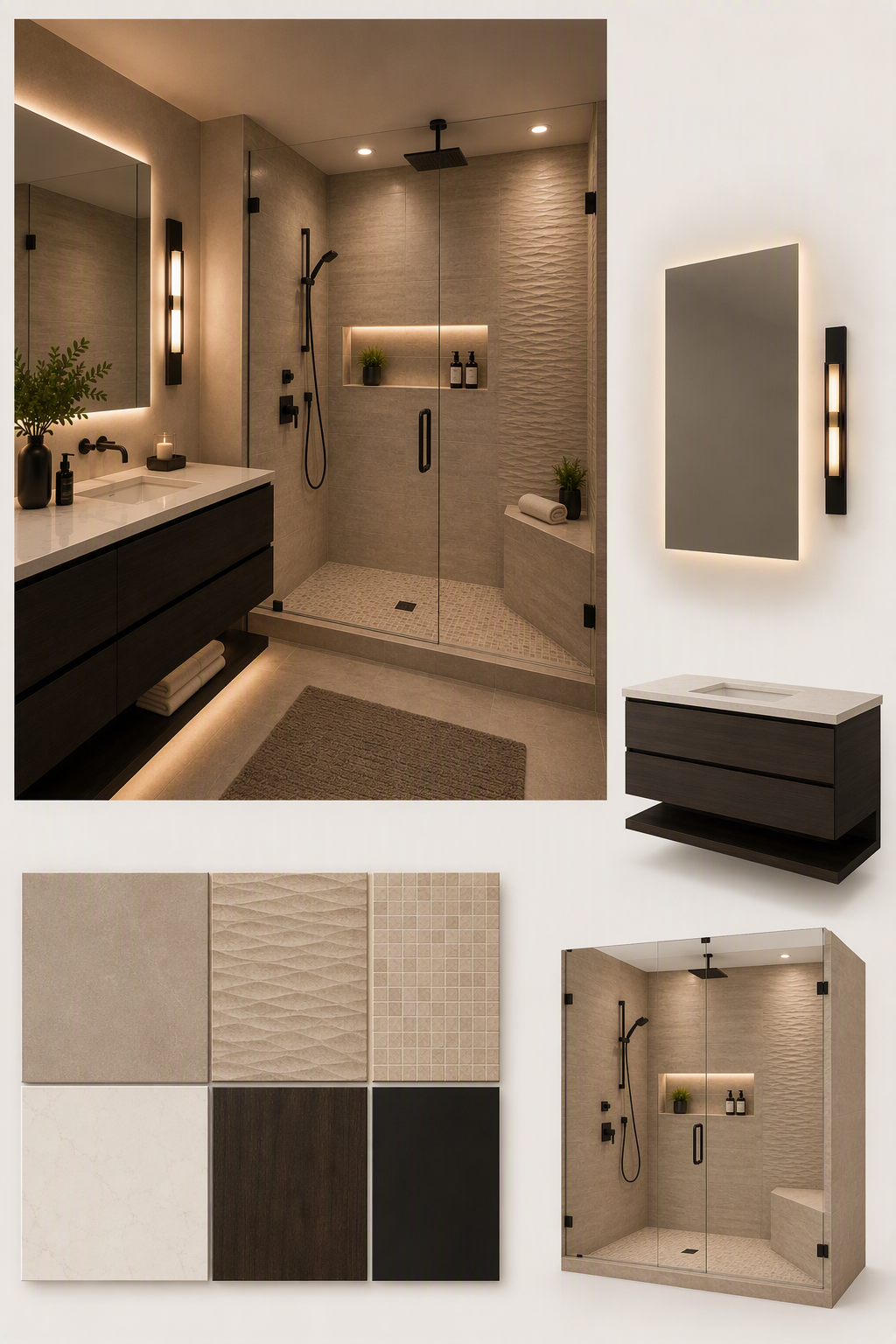 A modern luxury bathroom featuring a sleek walk-in shower with glass enclosure, integrated LED lighting, and a built-in shelf — modern bathroom ideas reference 4