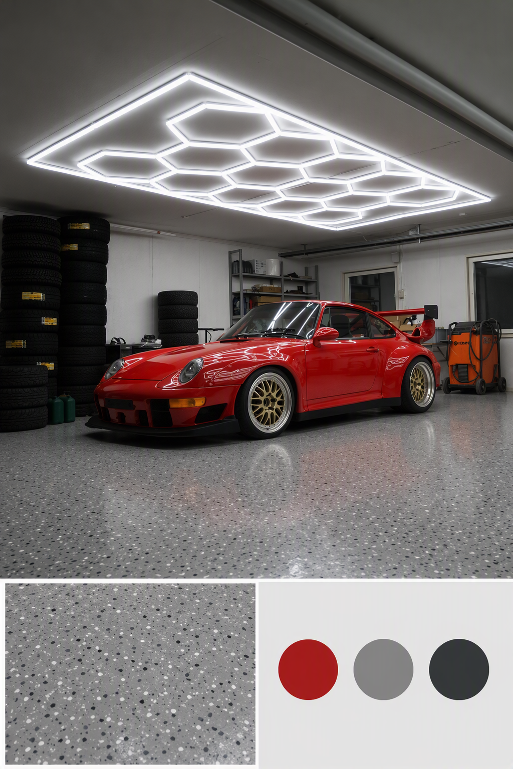 A high-quality, ultra-realistic image of a pristine red Porsche 911 GT1 race car parked in a modern, sleek garage with a glossy terrazzo floor featuring a — garage man cave ideas reference 4