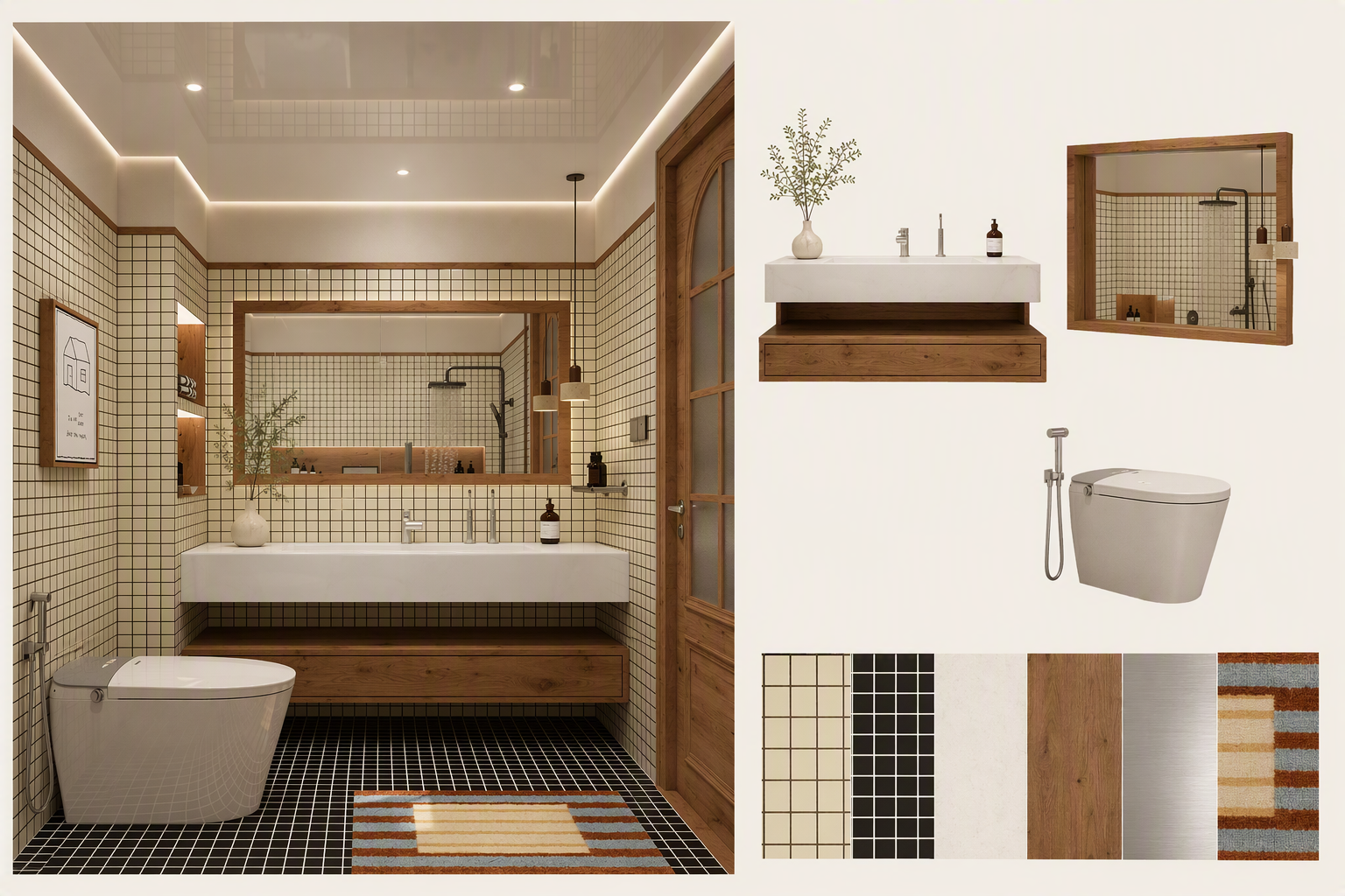 A high-quality, modern bathroom interior design with warm and natural lighting, featuring beige and black mosaic tiles on the walls and floor, a wooden — bathroom door ideas reference 1