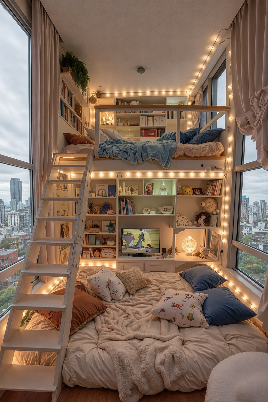 A cozy, modern loft bedroom with a two-tiered bed system, the lower level featuring a soft, textured beige bedspread and colorful pillows, and the upper — loft bedroom ideas reference 4