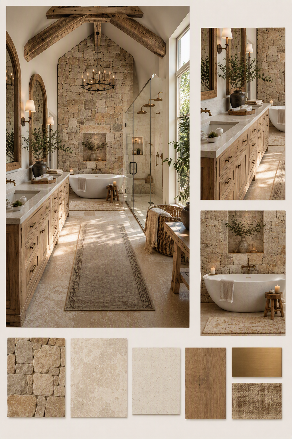 A high-quality, rustic-chic master bathroom featuring a vaulted ceiling with exposed wooden beams, stone walls with a built-in niche, a freestanding white — rustic bathroom ideas reference 3