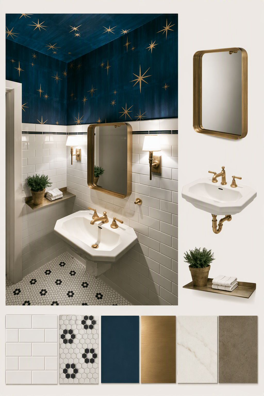 A high-quality bathroom interior with a dramatic starry night ceiling in deep navy blue with gold star accents, white subway tile walls, a white ceramic — bathroom backsplash ideas reference 4