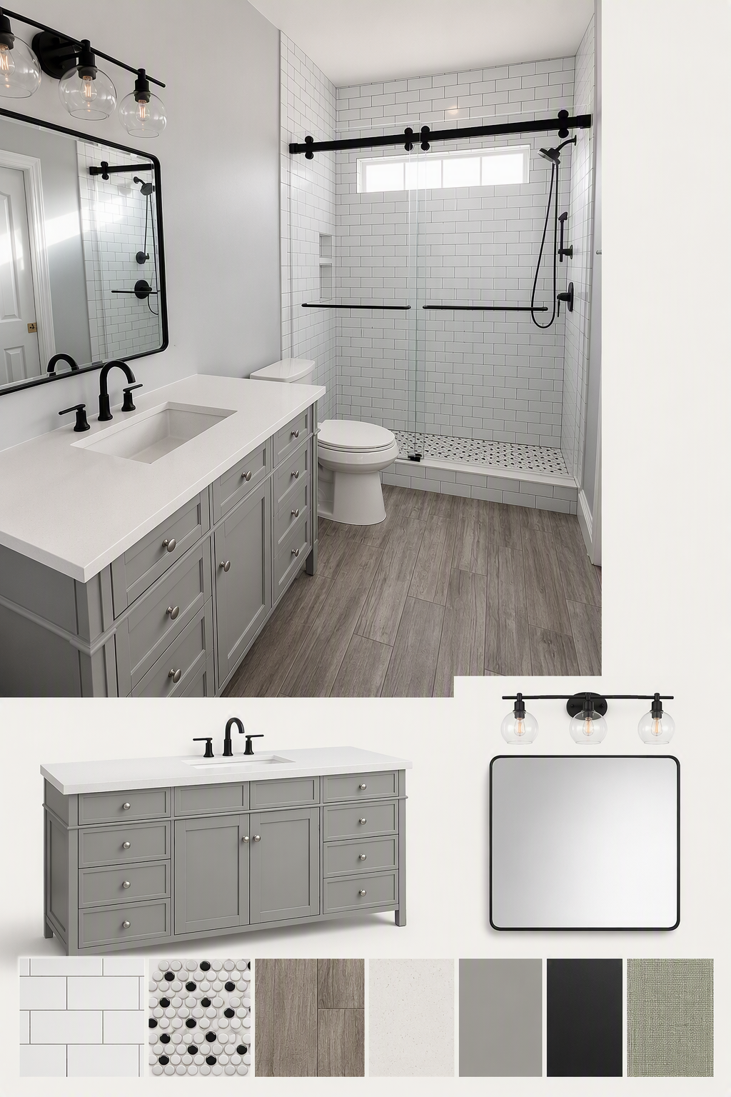 A modern bathroom featuring a gray shaker-style vanity with white quartz countertop, a rectangular undermount sink, and a black matte faucet — bathroom door ideas reference 3
