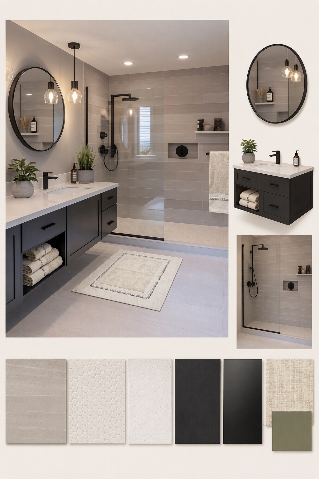Modern minimalist bathroom interior with a large walk-in shower featuring black fixtures and grey tiled walls, a floating black vanity with white — basement bathroom ideas reference 4