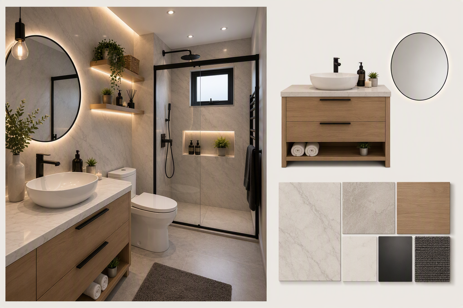 A modern bathroom interior with a minimalist design, featuring a wooden vanity with black handles, a white vessel sink, and a round backlit mirror — guest bathroom ideas reference 1