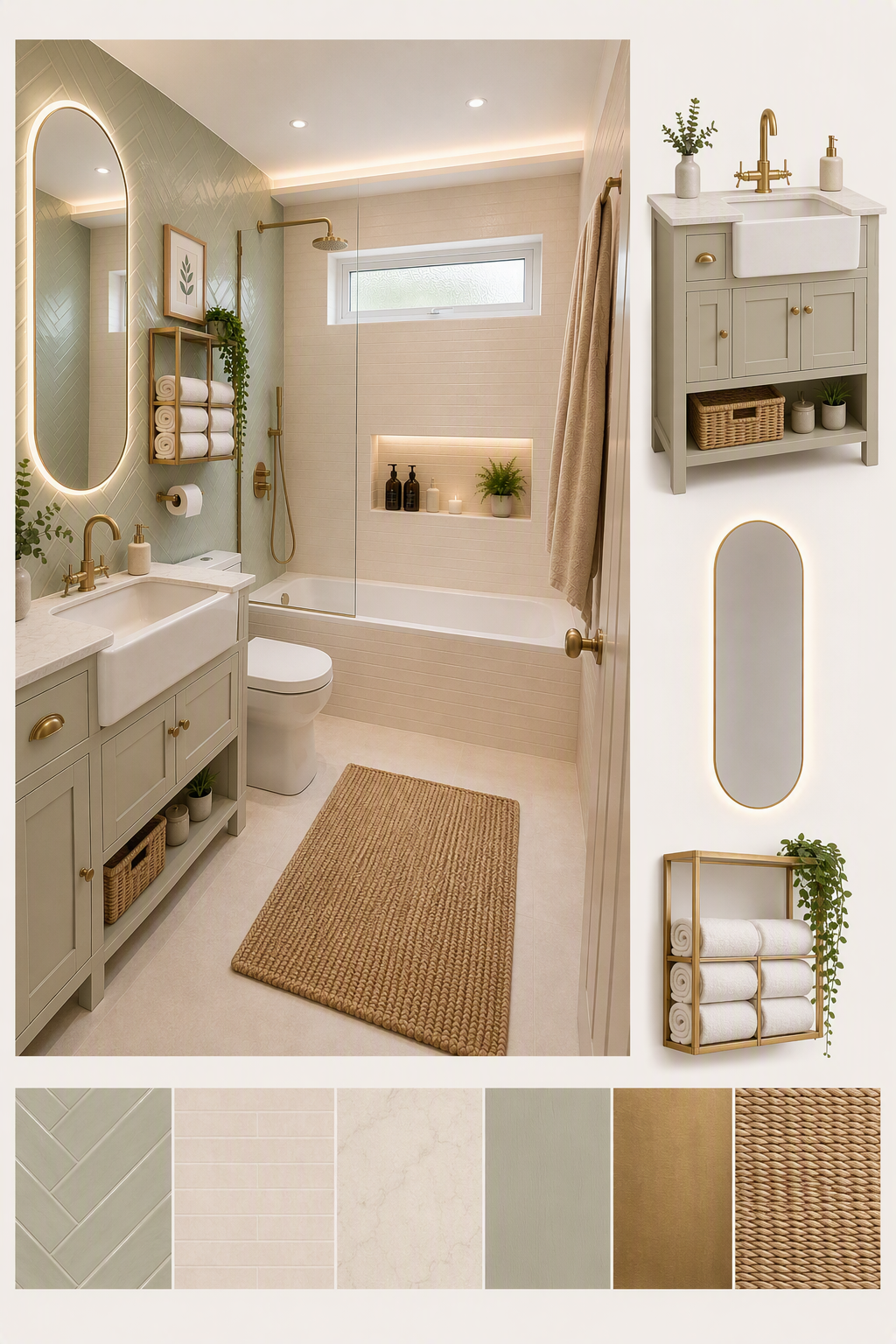 A modern bathroom interior with a soft, warm color palette featuring beige, sage green, and gold accents — farmhouse bathroom ideas reference 4