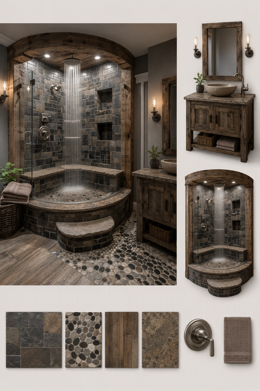 A high-quality, rustic-themed bathroom featuring a spacious corner walk-in shower with a rain shower head, surrounded by dark stone tiles and built-in — corner shower ideas reference 3