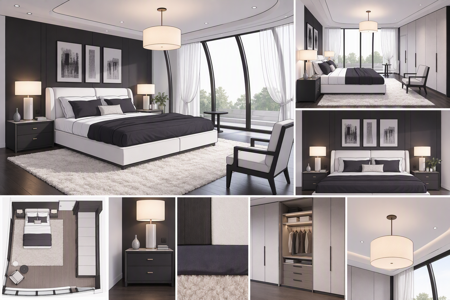 A modern luxury bedroom with a minimalist design featuring a large white platform bed with black bedding, set against a dark gray accent wall adorned with — modern bedroom ideas reference 4