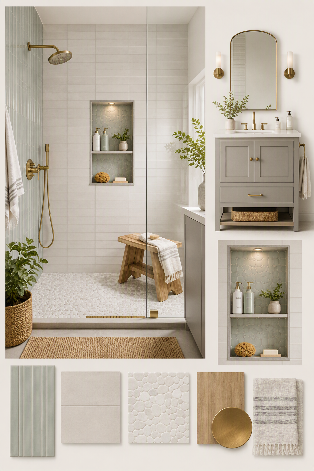 A high-quality, modern bathroom with a minimalist and serene design, featuring a spacious walk-in shower with a glass enclosure, a built-in recessed niche — shower niche ideas reference 1