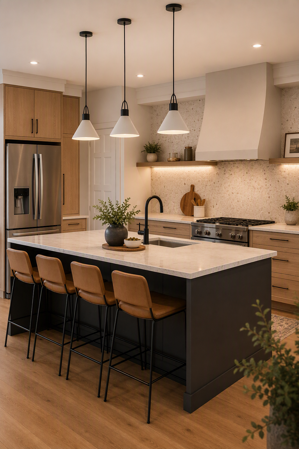 Modern kitchen with a large central island featuring a light marble countertop and dark gray base, surrounded by four tan leather bar stools with black — kitchen hood ideas reference 2