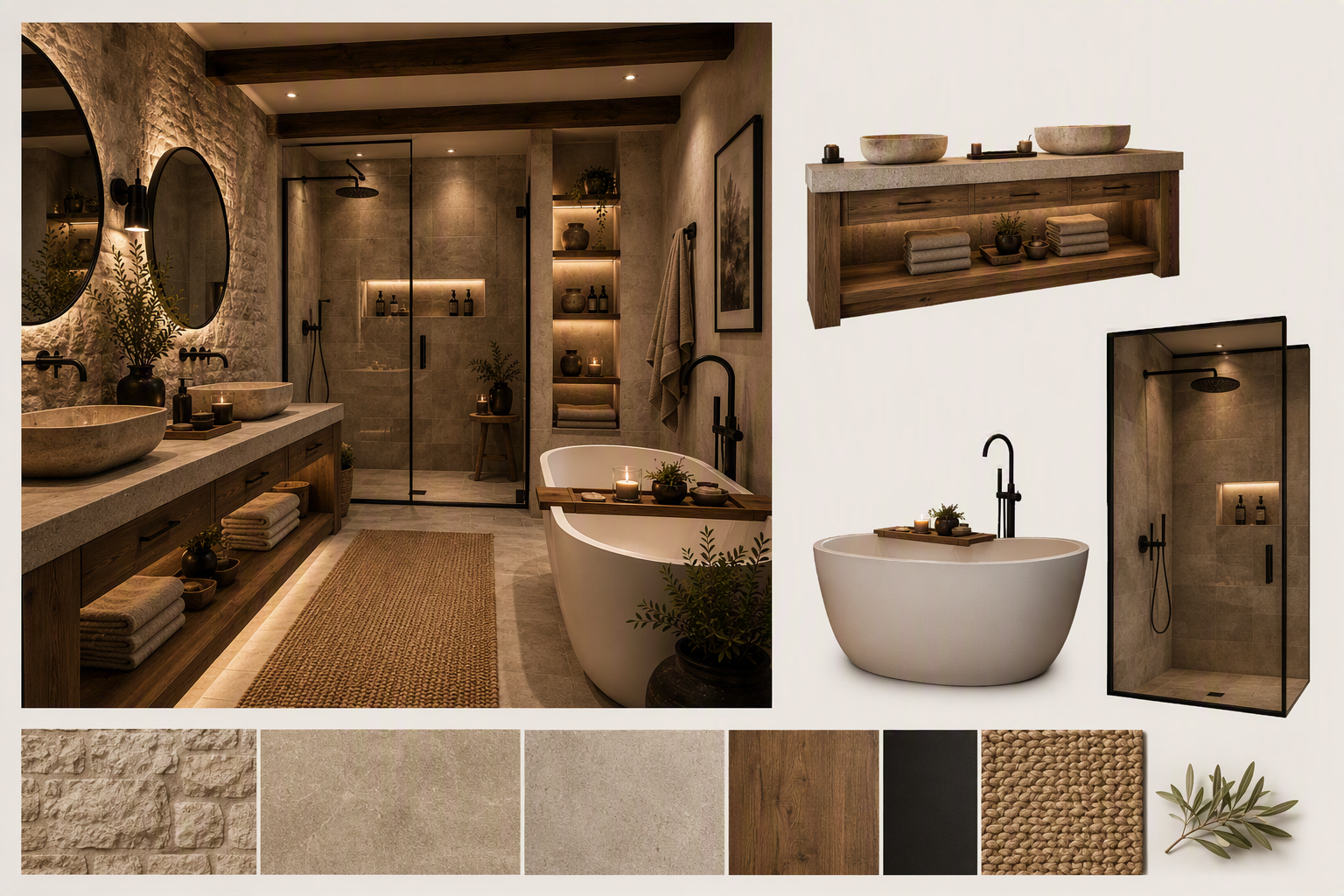 A high-quality modern rustic bathroom featuring a spacious layout with exposed stone walls, dark wooden beams, and warm ambient lighting — rustic bathroom ideas reference 1