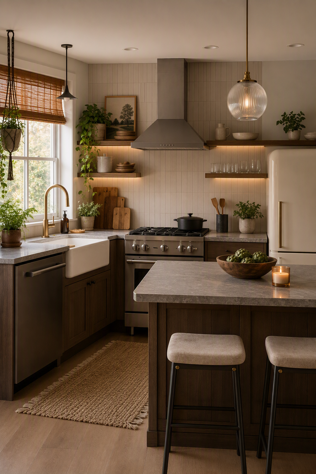 A high-quality, modern farmhouse kitchen with warm, natural lighting, featuring dark wood cabinets, a light gray stone countertop, a white farmhouse sink — kitchen peninsula ideas reference 3