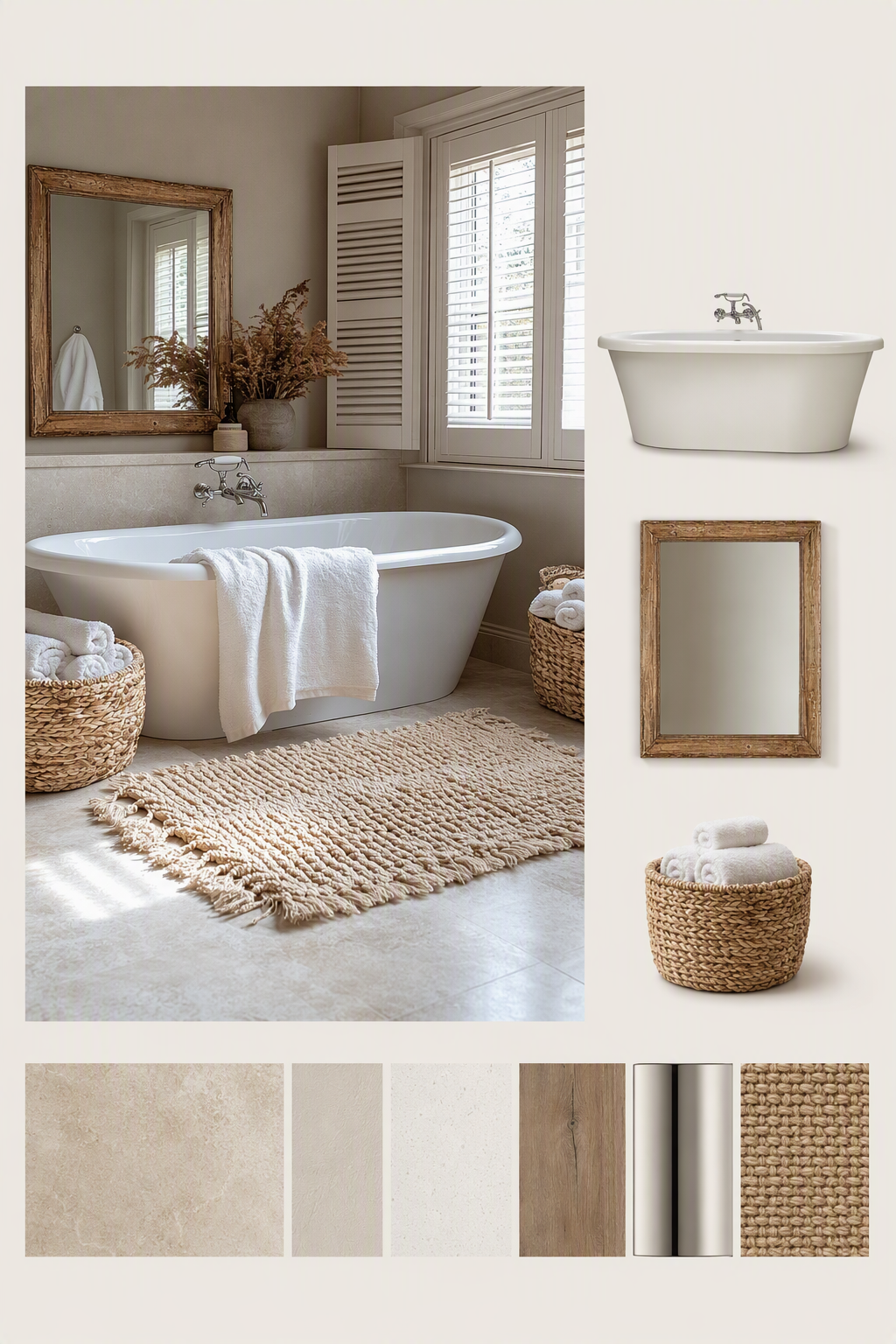 A high-quality, serene bathroom scene featuring a freestanding white bathtub centered under a window with white shutters, natural light streaming in, a — bathtub ideas reference 3