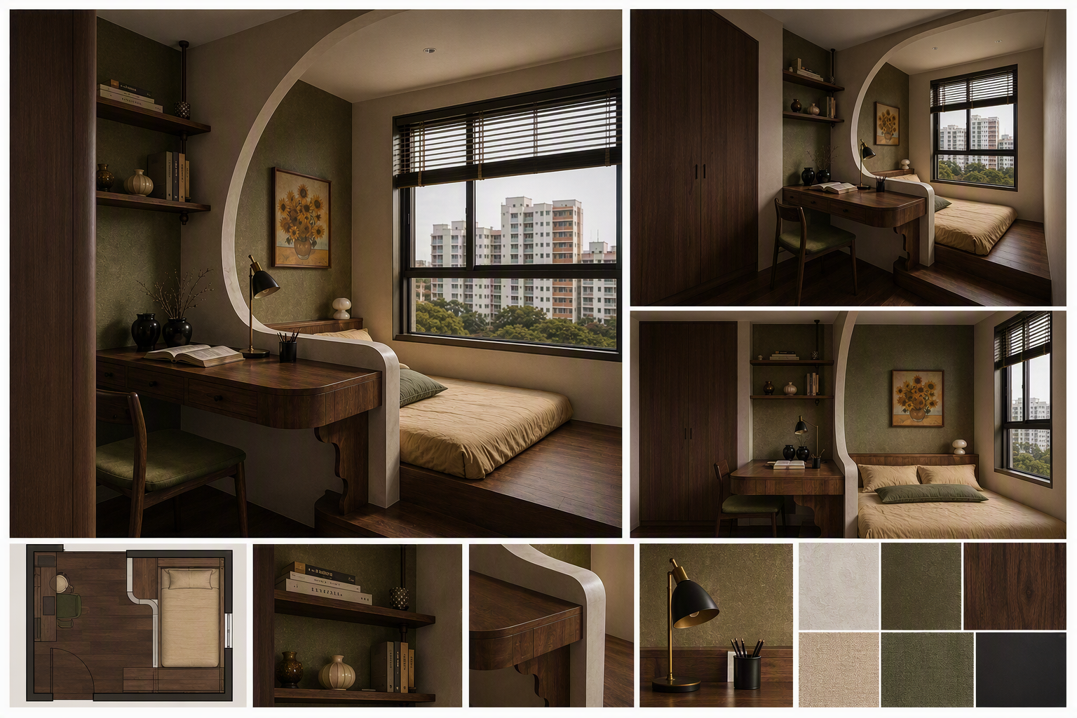 A high-quality interior design photo of a modern minimalist bedroom with a built-in desk and daybed, featuring an arched partition wall, dark wood — bedroom layout ideas reference 3