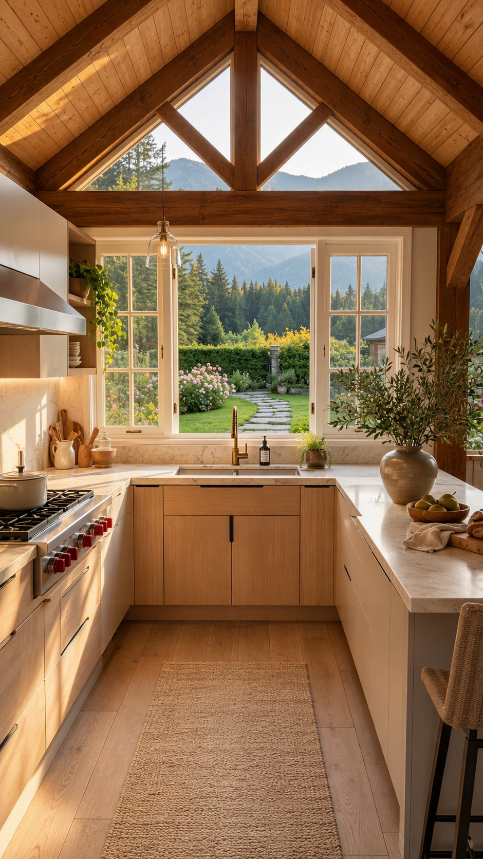 A high-quality, ultra-detailed, photorealistic interior of a modern rustic kitchen with a vaulted wooden ceiling featuring exposed beams and a large — rustic kitchen ideas reference 2
